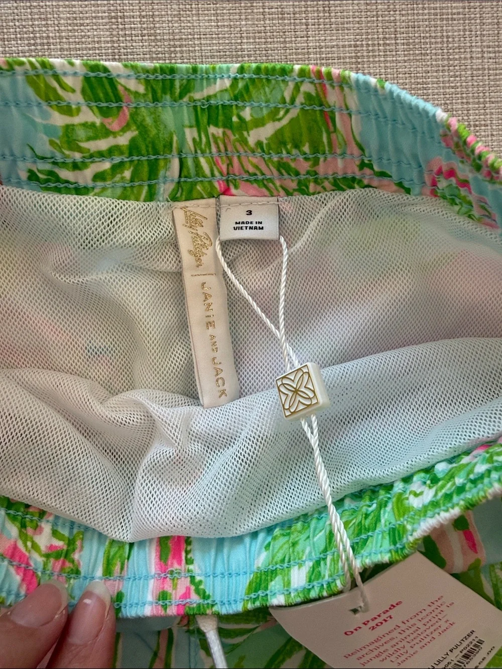 Janie and Jack x Lilly Pulitzer Pink, Green & Blue Tropical Swim Trunks